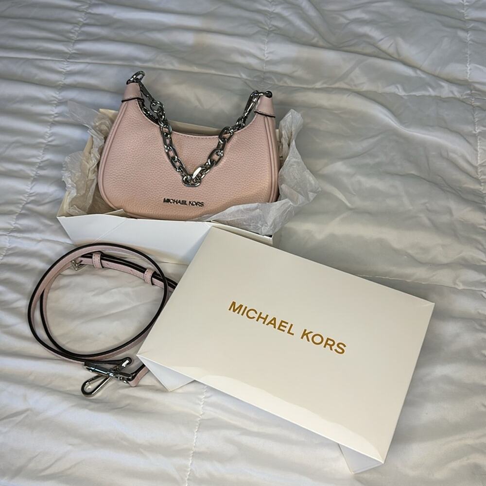 Michael Kors Cora Leather Medium Zip Pouchette bag in Powder Blush (baby pink)